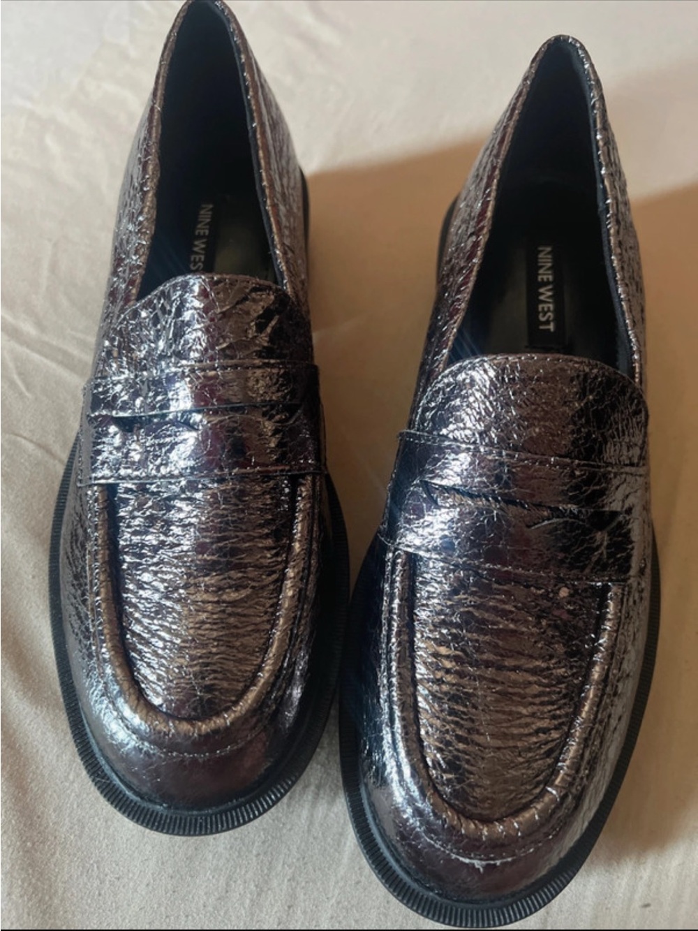 Nine West women  Metallic Silver-Black Penny Loafers